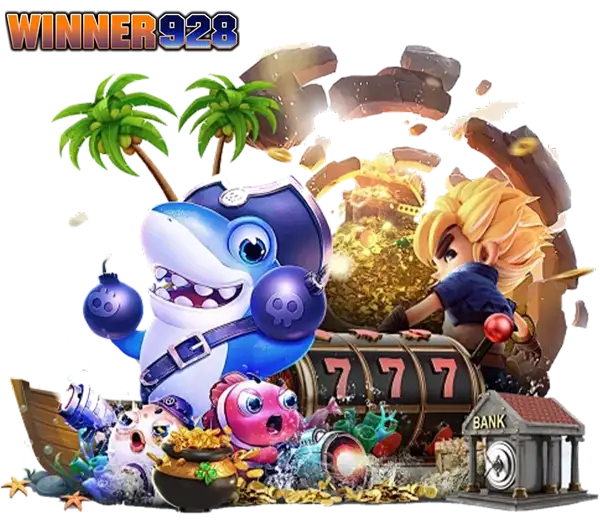 WINNER928 เว็บแท้ เกมสล็อตแตกหนัก ภาพสล็อต 777 ตัวละครการ์ตูน และกองเหรียญทอง แสดงถึงโบนัสและการจ่ายรางวัลต่อเนื่อง